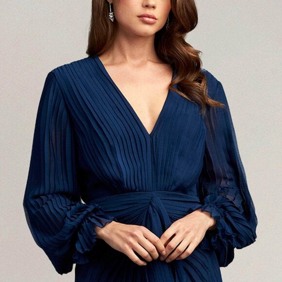 Tadashi Shoji Pleated Dress Long Sleeve Sapphire Blue Sz. 14 - Picture 3 of 9